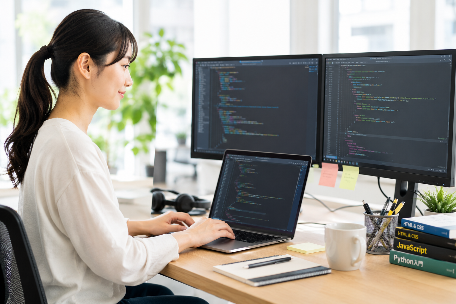 コード画面を見ながらプログラミングを学ぶ様子