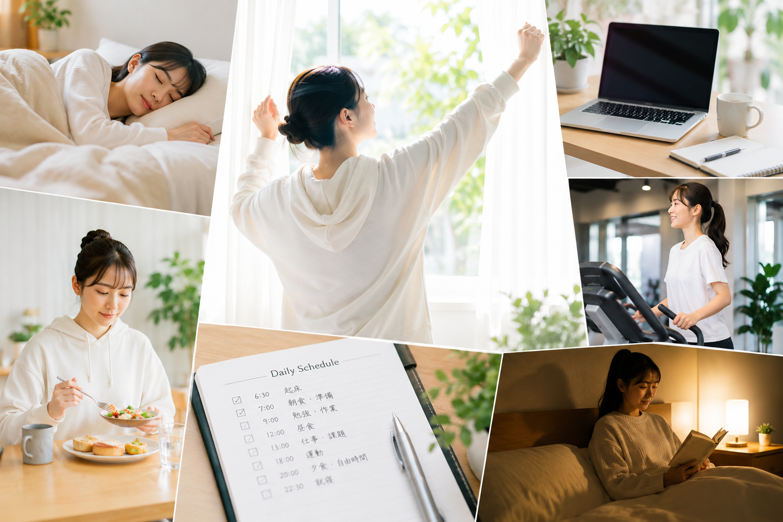 睡眠、食事、運動、予定づくりで生活リズムを整えるイメージ